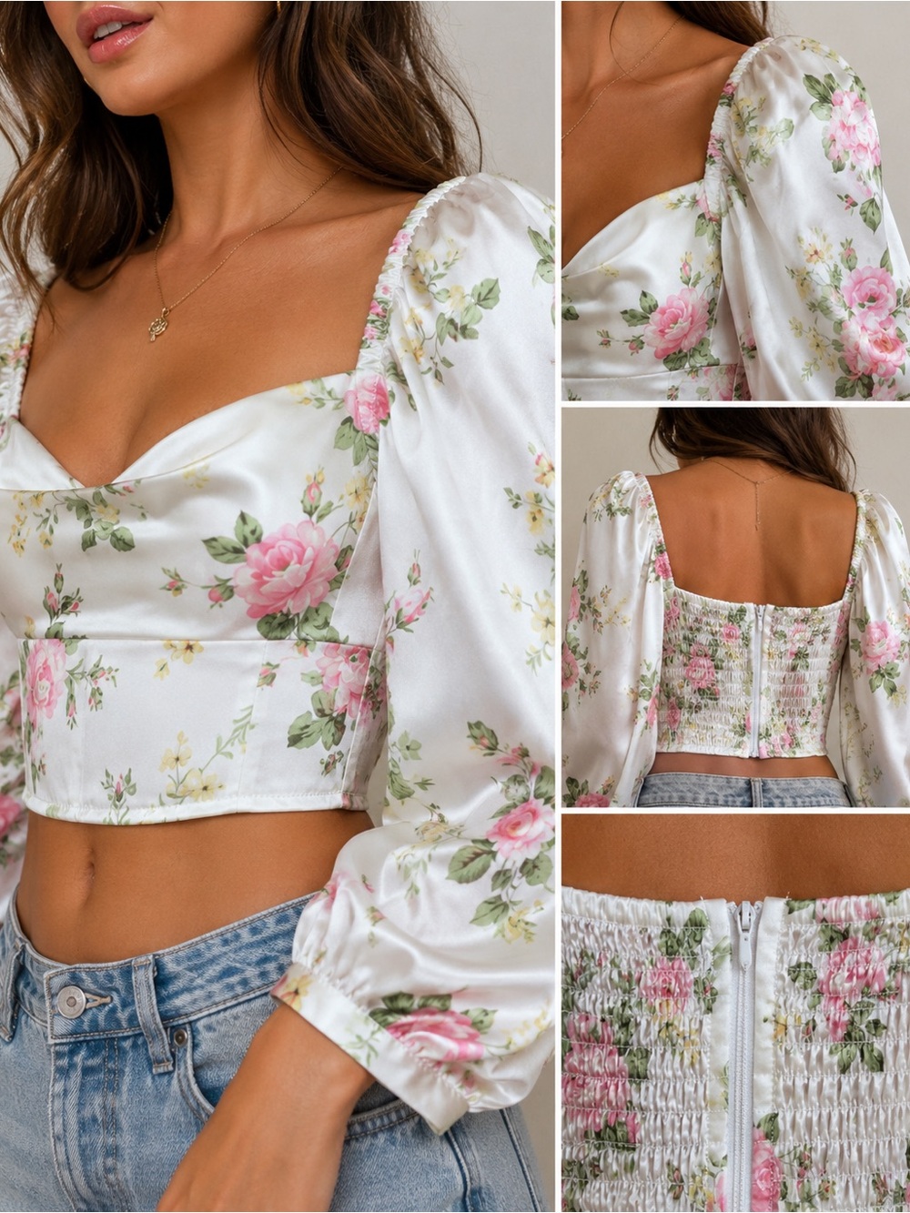 FORE Women’s Floral Puff Sleeve Crop Top with Sweetheart Neckline